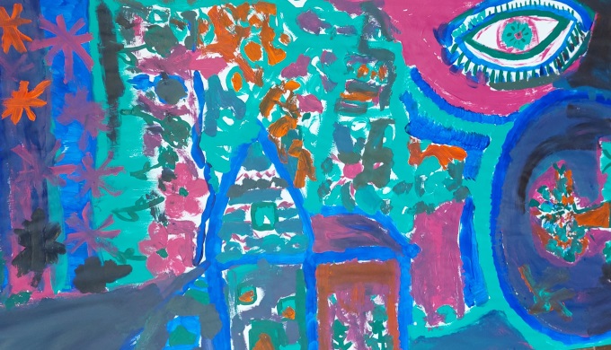 Gemeinschaftsgemälde aus türkiser, pinker, blauer und oranger Farbe, mit Häusern, einem Auge und Sternen
